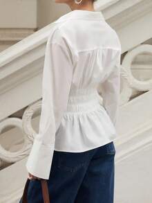 INAWLY Áo sơ mi nữ tay dài, dáng suông, xếp ly, màu trơn, thường ngày - trắng - Xem 2