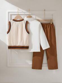 Souflis 4-7岁男童复古法式3件套：撞色针织提花背心+灯芯绒裤子+白衬衫，街头风/生日派对，秋冬 - 棕色 - 查看 2