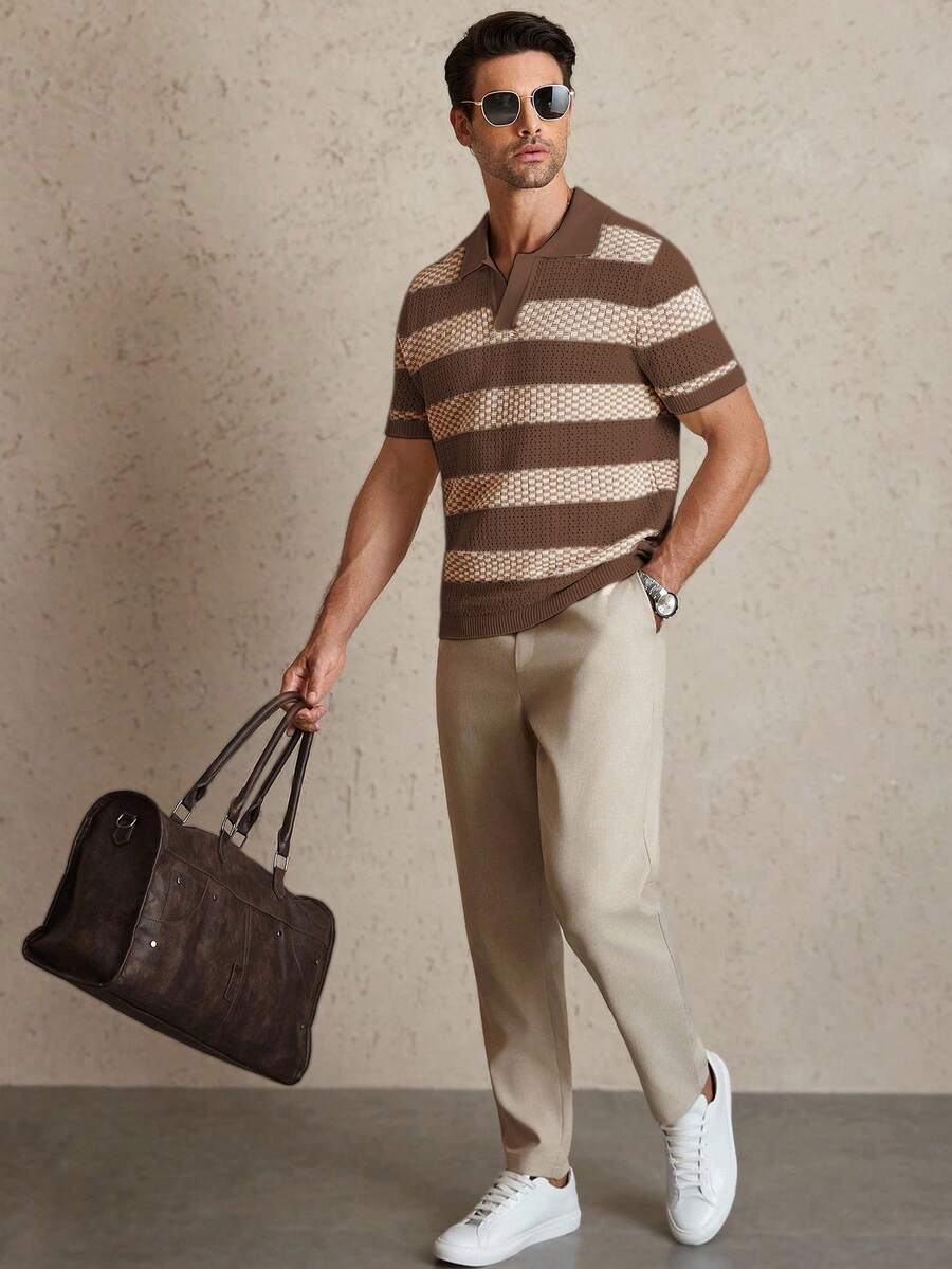 Manfinity Homme Áo thun dệt kim tay ngắn cổ polo kẻ sọc cho nam, mùa thu - Nhiều màu - Xem 1