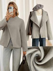SHEIN LUNE Women's Solid Color Oblique Placket Long Sleeve Loose Woolen Coat,Light Grey Autumn Casual Everyday Business Jacket,Modern Winter Clothes For Woman - Grey - View 3