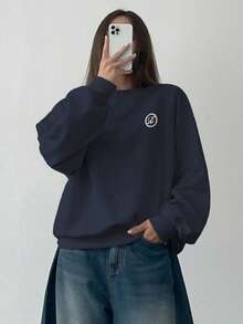 DAZY 图案刺绣宽松圆领长袖女式运动衫，秋季女装 - 藏蓝色 - 查看 5