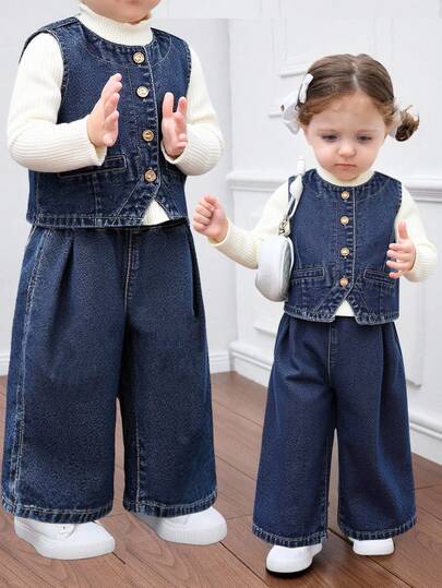 2 Stücke Baby Mädchen Jeans Ärmellose Weste und Loose Fit Hose Set, Blau