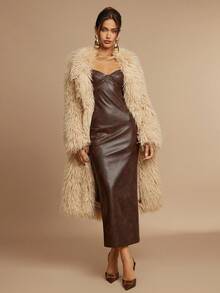 Silquee High-End Series New Autumn And Winter Fashion Fluffy Brown Fur Long Curly Mid-Length Coat, Elegant Women's Furry Parka, Women's Fashion Street Style Slanted Pocket Collar Metal Button Front Faux Fur Jacket, Winter Fur Coat With Lining