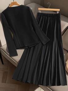 SHEIN Clasi Bộ vest công sở thanh lịch cỡ lớn dành cho nữ mùa thu/đông, áo khoác đơn hàng khuy tối giản và chân váy chữ A đính kim loại, bộ 2 món - màu đen - Xem 2