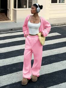 Muchica Women's Casual Loose Fit Pink Hoodie Set, Autumn - Pink - View 6