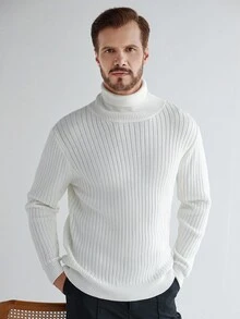 Manfinity CityGents European & American Blogger Style 3D Ribbed Solid Color Casual Slim Fit Sweater, White Turtle Neck Sweater, Fall Winter - White - View 7