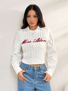 SHEIN PETITE 女士无袖字母图案针织上衣、返校服装、羊毛上衣、冬季女装、可爱羊毛背心、新年毛衣 - 白色 - 查看 6