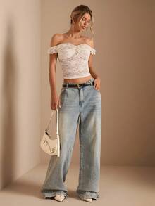 SHEIN BAE 1 件女士蕾丝衬衫、秋冬日常穿着汗衫、白色蕾丝上衣 - 白色 - 查看 3