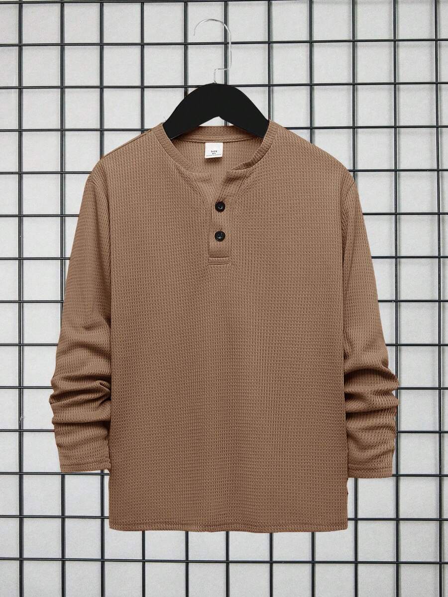 SHEIN Boys' Solid Color Half-Zip Polo Long Sleeve T-Shirt - Khaki - View 1