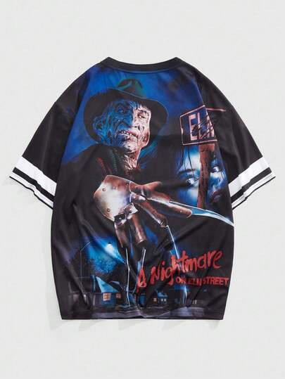 A Nightmare on Elm Street X ROMWE T-shirt ample et décontracté pour hommes, imprimé de personnages d'horreur et de lettres numériques, pour l'été