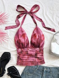 Soleia Camiseta de mujer con estampado aleatorio y elegante lazo