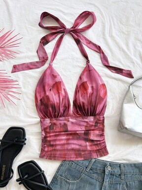 Soleia Camiseta de mujer con estampado aleatorio y elegante lazo