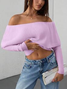 EURMUSE Casual Off Shoulder Bardot Ruffle Neckline Long Sleeve Sweater - Baby Pink - View 7