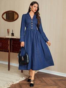 Vintamour Women's Fashion Casual Turndown Collar Waist Denim Dress Denim Dress With Buttons Blue Denim Dress Collared Denim Dress Denim Midi Dress Long Sleeve Denim Dress Fall Clothes For Women Fall Outfits For Womenelegant Dresses For Women Prom Dress Party Dresses For Women Dresses For Women Party Formal Dresses Going Out Dress Christmas Dress