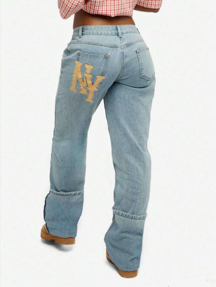 SUMWON WOMEN Wide Leg Denim Jeans With Turn Up Hem And Logo Detail