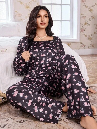 CottageSlumber Plus Size Ditsy Floral Lace Trim Collar Top & Pants Knit Pajama Set, Fall Winter Clothes