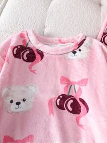 Girls' Cute Cherry Bear Print Fluffy Long Sleeve Top And Pants 2 Pieces Pajama Set - Pink - View 3