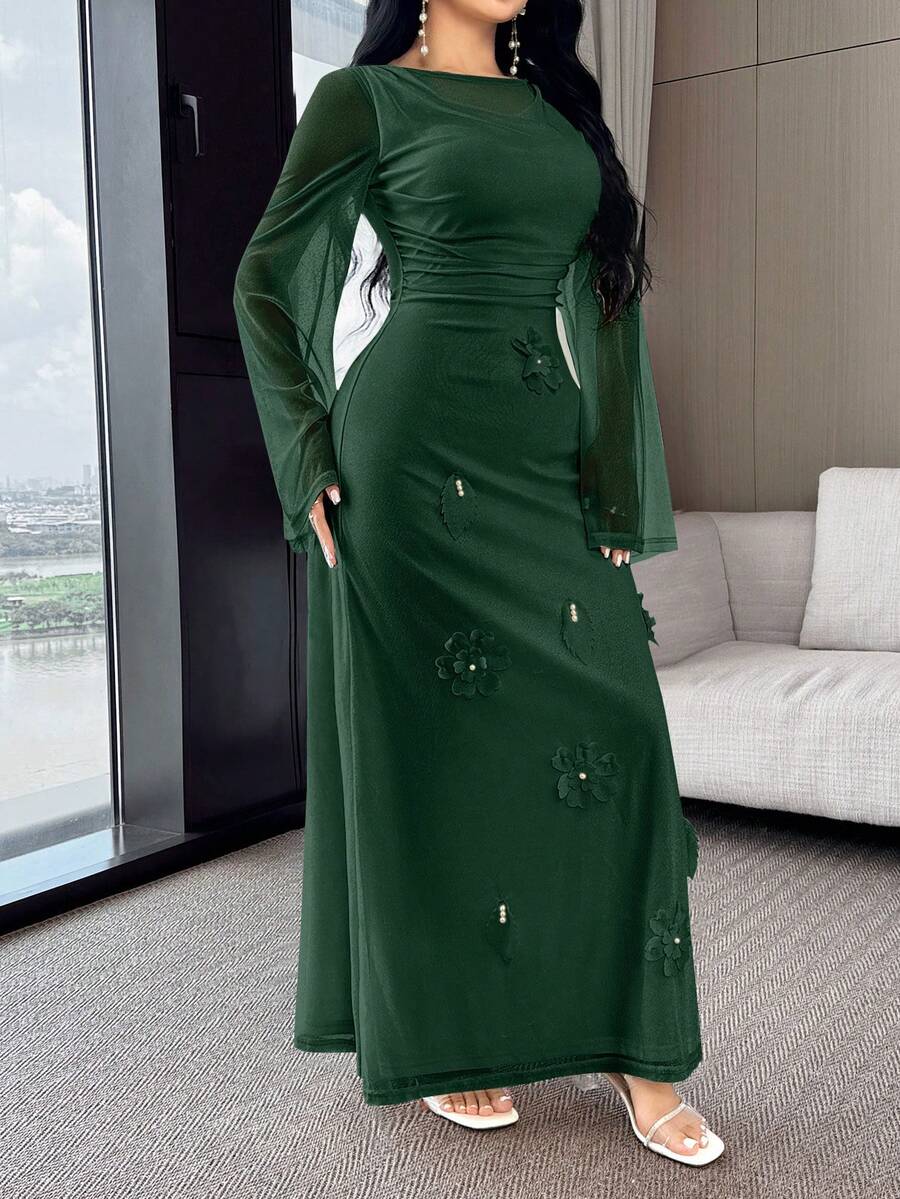 Modelyn 保守纯色修身长袖阿拉伯风格女式连衣裙 - 墨綠色 - 查看 1