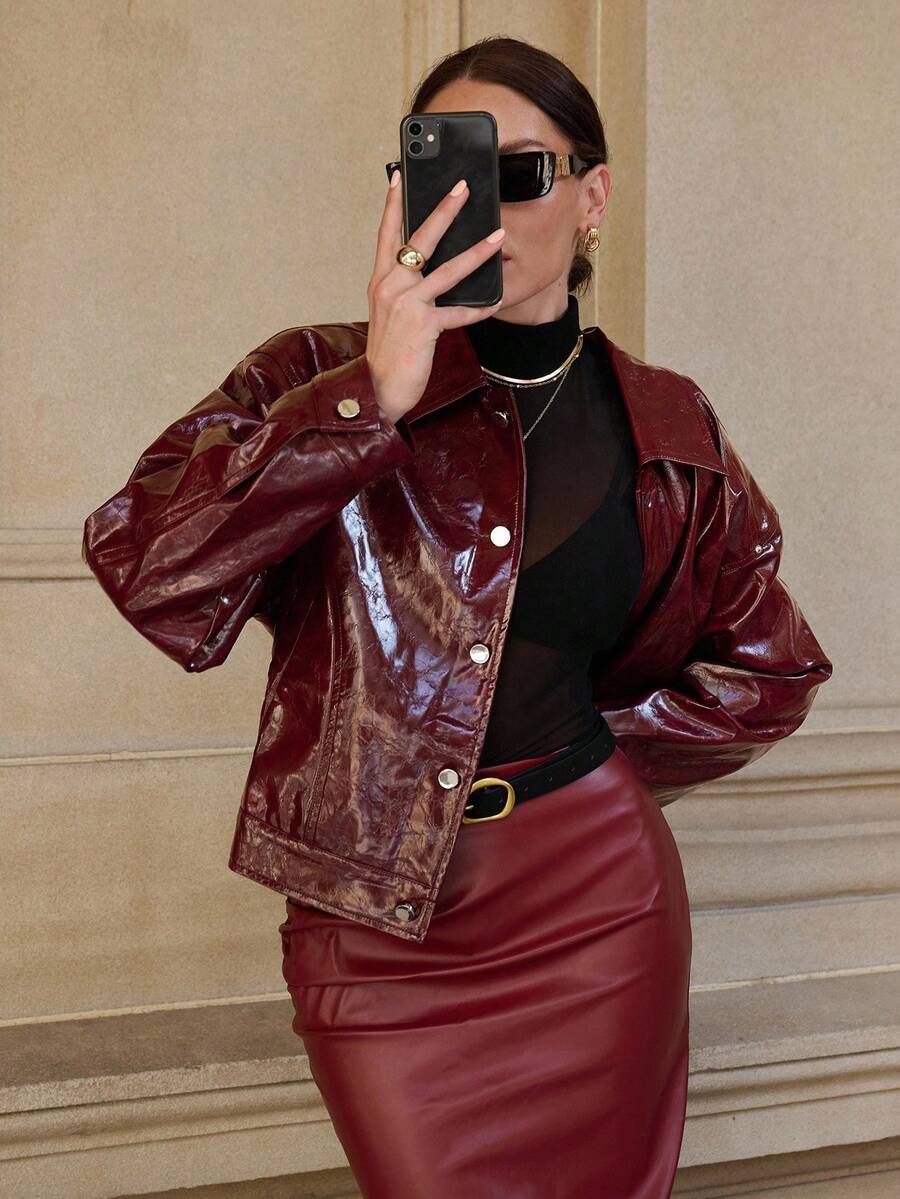 Lavishia 女士闪亮通勤夹克，秋季时尚 - 酒紅色 - 查看 1