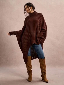 Freevana 大码女式纯色高领蝙蝠袖长袖高低下摆休闲套头衫