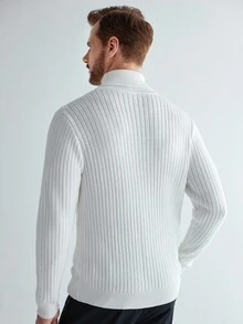 Manfinity CityGents European & American Blogger Style 3D Ribbed Solid Color Casual Slim Fit Sweater, White Turtle Neck Sweater, Fall Winter - White - View 2