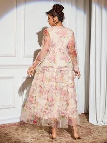 Auvina 新款网眼花卉印花连衣裙，适合晚会、约会、下午茶、生日、婚礼、松紧腰连衣裙、休闲大码连衣裙 - 彩色 - 查看 2