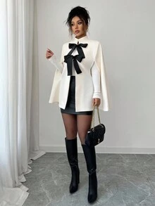 Rafferiza Áo khoác cape len pha trắng dáng rộng thanh lịch thời trang dành cho nữ - trắng - Xem 4