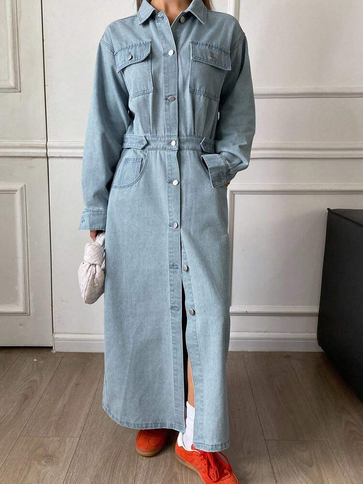 Women's Denim Dress With Collar And Waist Cinching, Early Autumn Dress