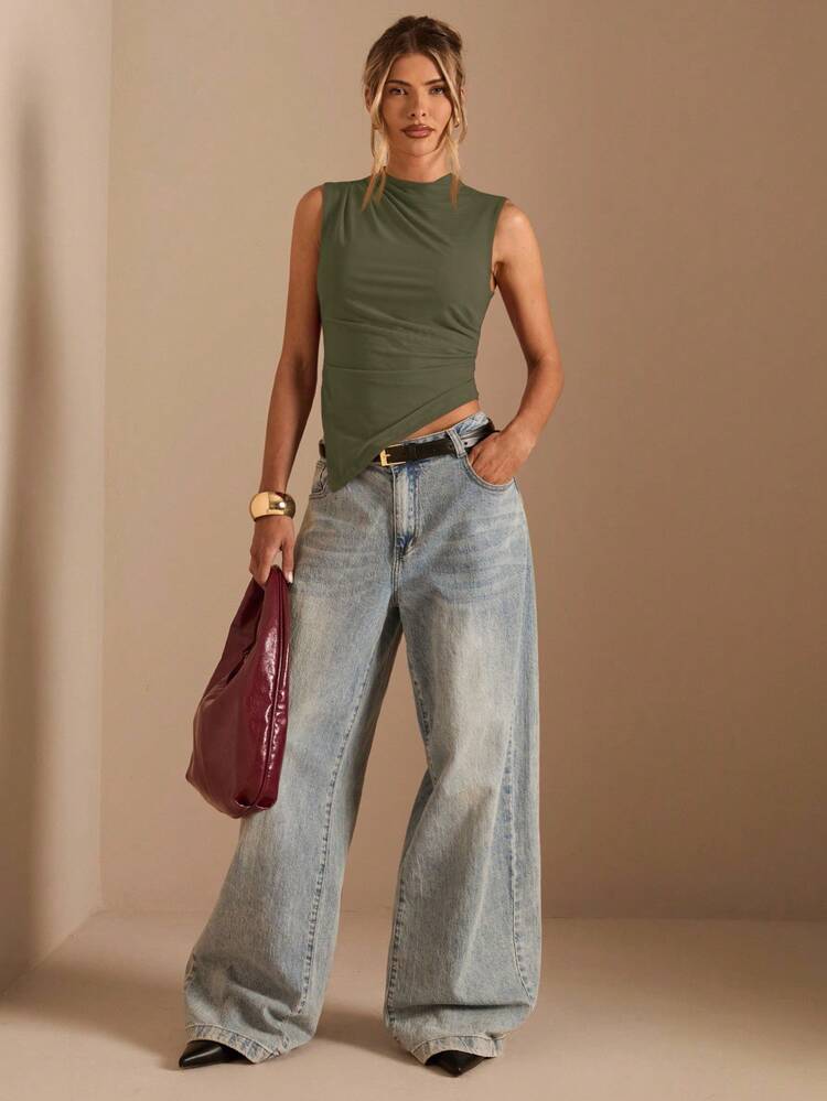 SHEIN BAE Camiseta sin mangas casual con cuello liso, plisada y dobladillo asimétrico para mujer - Verde militar - Añade 3