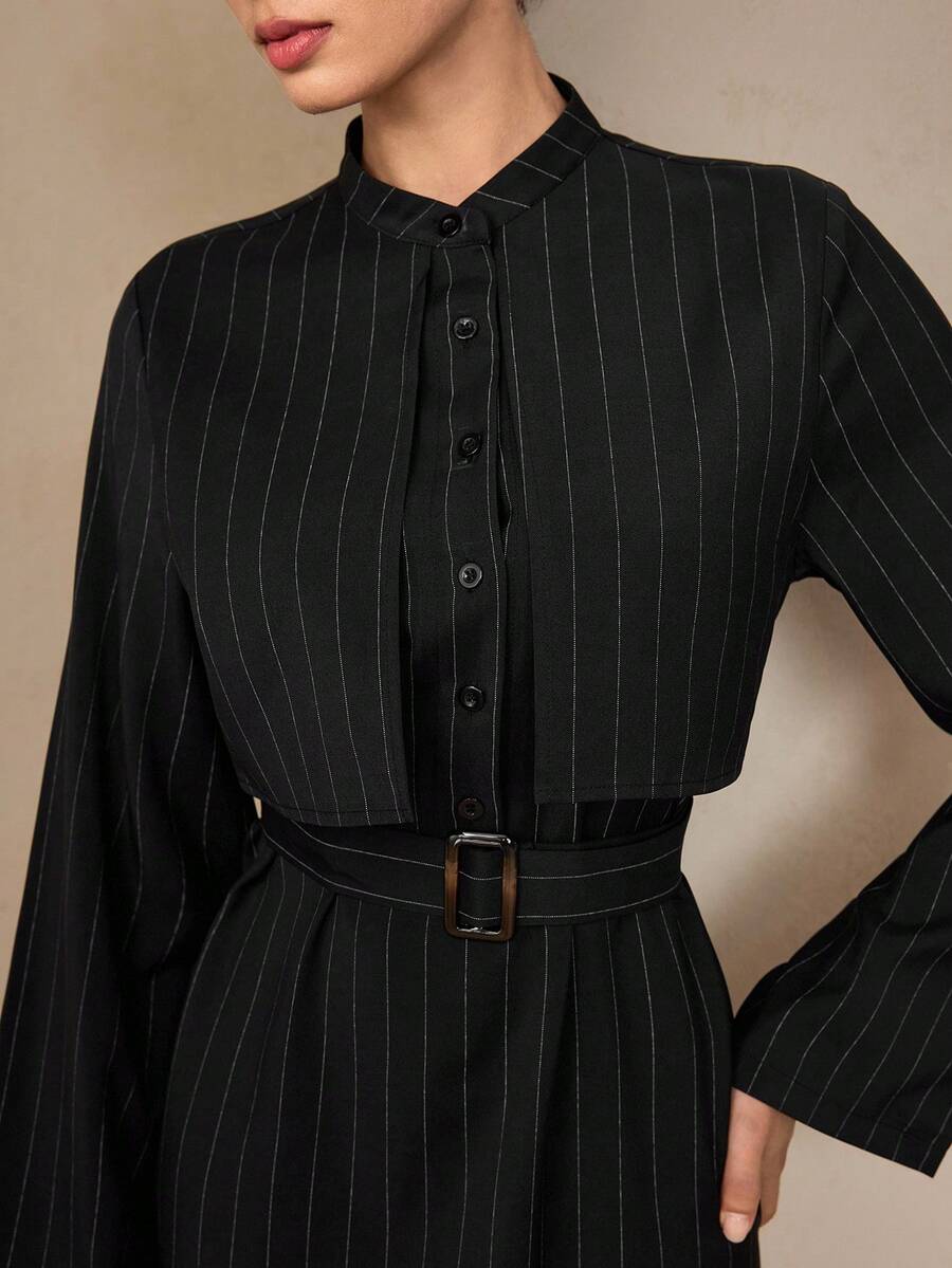 Graceveil Elegant Black Woven Casual Striped Flared Collar Button Waist Belt Long Evening Dress, Autumn - Black - View 1