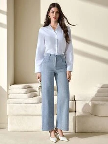 CLARA VERO Women Herringbone Pattern Toothpick Straight Leg Wide-Leg Commuter Work Pants - Multicolor - View 6