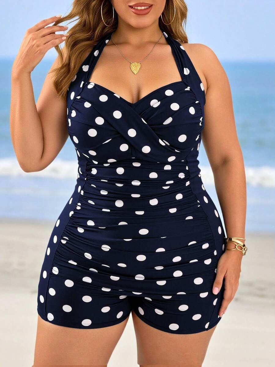 Swim Lushoire 1pc Women Plus Size Polka Dot Printed Cross Front Tankini Top With Adjustable Tie Strap Shorts, Elegant Casual Daily Beach Vacation One-Piece Swimsuit For Summer