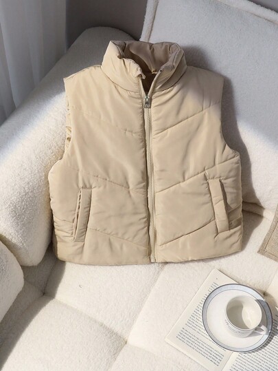 Chaleco corto acolchado con cuello alto versátil y casual para niñas preadolescentes, otoño/invierno