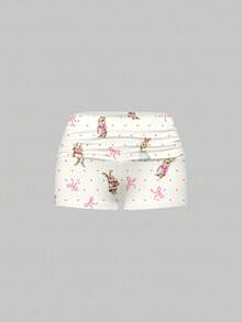 ROMWE Kawaii Cute Rabbit Polka Dot Full Print Lace Camisole & Ruched Shorts Pajama Set, Casual Loungewear - White - View 8