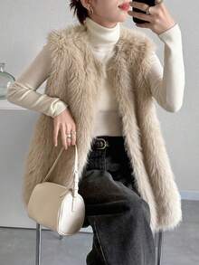 FRIFUL 女式卡其色圆领无袖宽松休闲百搭多层蓬松夹克，秋冬背心仿皮草大衣 - 米色 - 查看 4