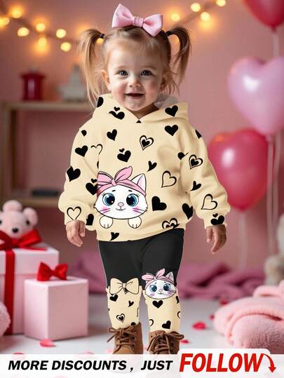SHEIN 2 件女婴休闲可爱猫咪心形印花、蝴蝶结装饰宽松字母图案连帽衫和休闲裤套装，甜美简约