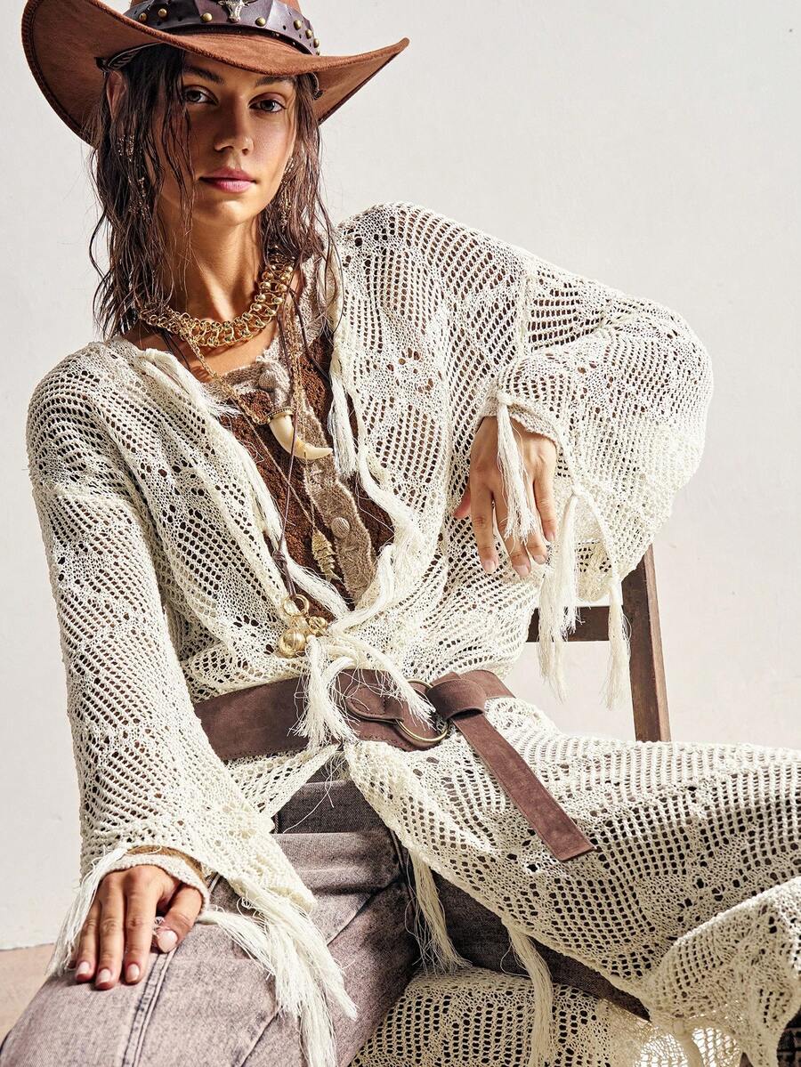 Bohemela 女士长袖镂空流苏长款开衫 - 杏色 - 查看 1