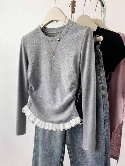 INAWLY Women's Crew Neck Long Sleeve Ruched Lace Ruffle Hem Casual T-Shirt