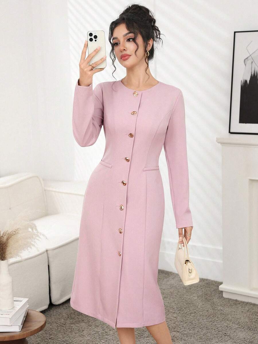 Modelyn Vestido elegante de ajuste ceñido con botones metálicos decorativos en la cintura, para uso diario sofisticado