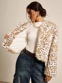SHEIN LUNE Abrigo corto de manga larga con forro de piel sintética para mujer de talla grande, adecuado para un estilo de oficina sexy, baile, San Valentín, crucero, viajes, negocios, vintage, fiesta, vacaciones, salida, dinero antiguo, capas ricas, cita, reunión, minimalismo, cumpleaños, evento formal, chica sexy, Ibiza, Nashville, vacaciones, recatado, elegante, casual, compras, ropa de calle, salir, que favorece tu figura, mostrando tu impresionante figura en otoño e invierno con estampado de leopardo - Multicolor - Ver 13