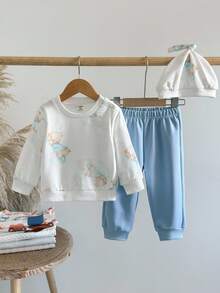 SHEIN 3pcs Baby Boy Bear Print Set: Long Sleeve Top + Elastic Cuff Pants + Drawstring Hat, Autumn/Winter Fall - Multicolor - View 1