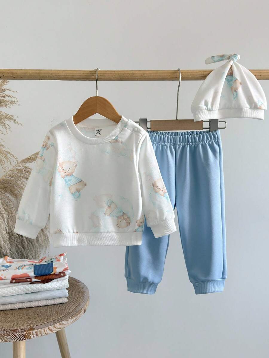 SHEIN 3pcs Baby Boy Bear Print Set: Long Sleeve Top + Elastic Cuff Pants + Drawstring Hat, Autumn/Winter Fall - Multicolor - View 1