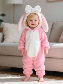 SHEIN 新生儿可爱3D蝴蝶结兔耳连帽长袖连体衣秋冬款 - 淺粉色 - 查看 6