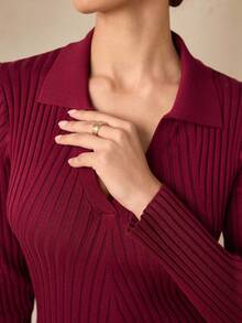 Graceveil Women's Solid Color V-Neck Long Sleeve Elegant Knitted Dress, Autumn - Burgundy - View 8