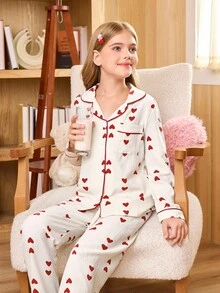 SHEIN 女孩心形泡泡印花开衫衬衫套装，杏色 - 杏色 - 查看 1