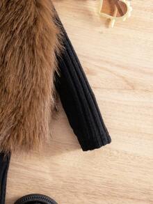 SHEIN Babygirl Cute & Elegant Fuzzy Knit Long Sleeve Dress Set, Autumn/Winter Fall Babygirl Versatile Casual Cute Elegant Lady Plush Knitted Long-Sleeved Ribbed Texture Dress Plush Coat Set 2 Pieces, Autumn And Winter, Brown Plush Coat And Black Dress, Versatile Autumn And Winter Warm Fashion, Cutting-Edge Fashion Design Can Be Worn Indoors And Outdoors, Care For Baby's Skin, Mother's Shopping First Choice Suitable For Indoor And Outdoor, Daily, Sports, Play, Party, Photo, Vacation, Festival