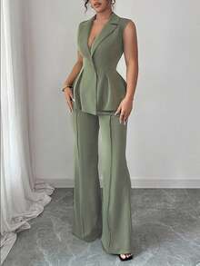 Elenzga Plus Size Sleeveless Blazer Collar Waist Cinched Elegant Romantic Women Suit Set Winter Fall Autumn