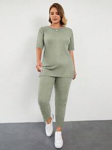 EURMUSE 大码夏季休闲纯色短袖T恤和裤子两件套 - 薄荷綠 - 查看 3