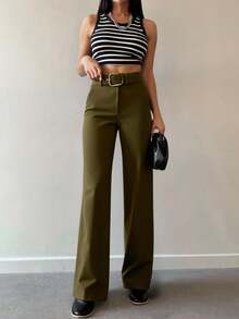 EURMUSE Women's Belted Straight Trouser With Slanted Pocket Design - Army Green - View 3