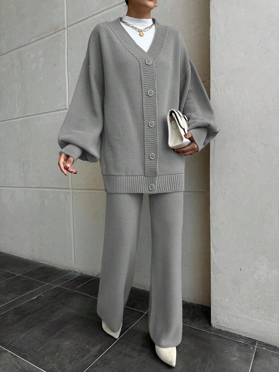 EURMUSE Women Drop Shoulder Button Front Cardigan And Sweater Pant 2 Pieces Outfit Set Co-Ords - Grey - View 1